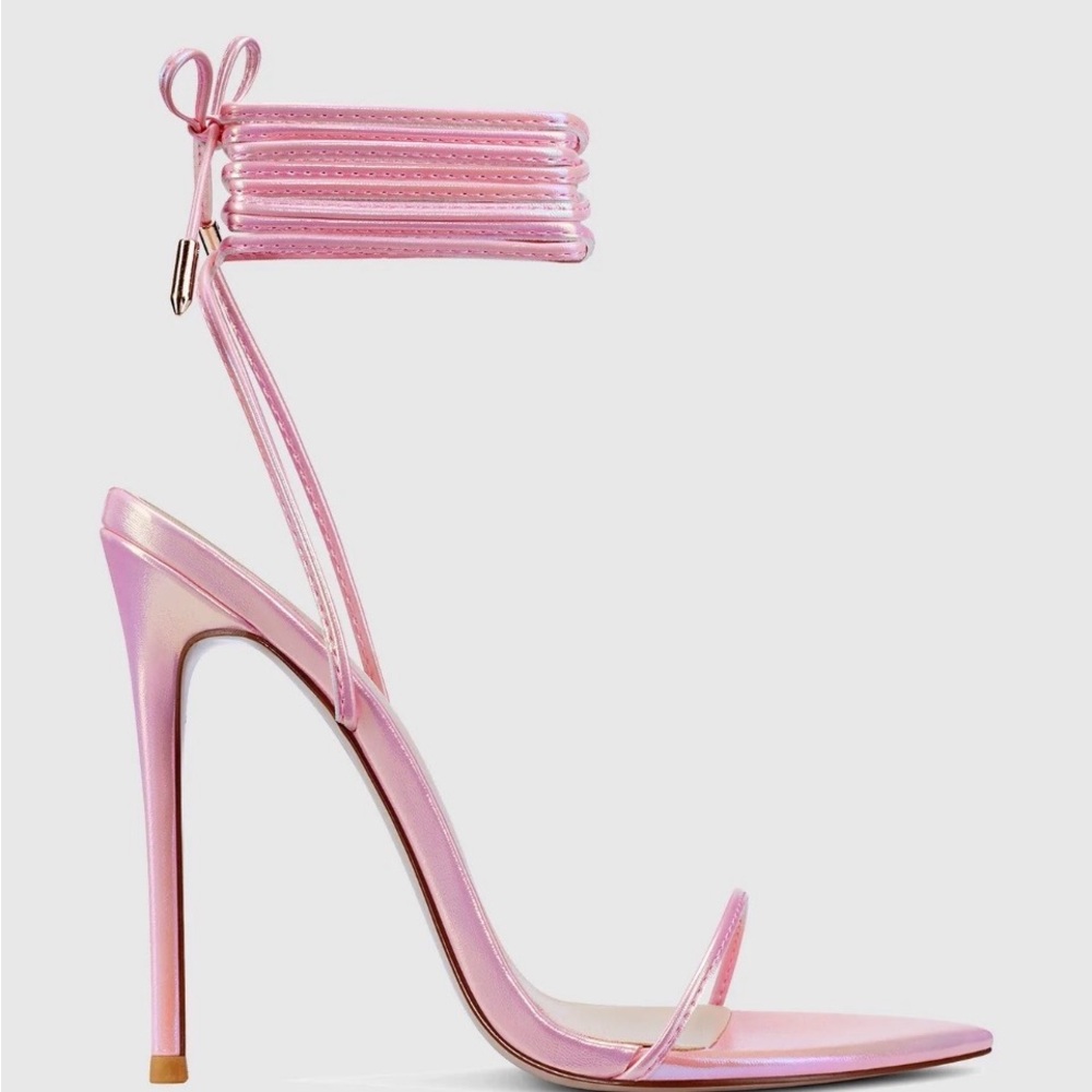 La Femme Shimmering Pink Lace-Up Heels
